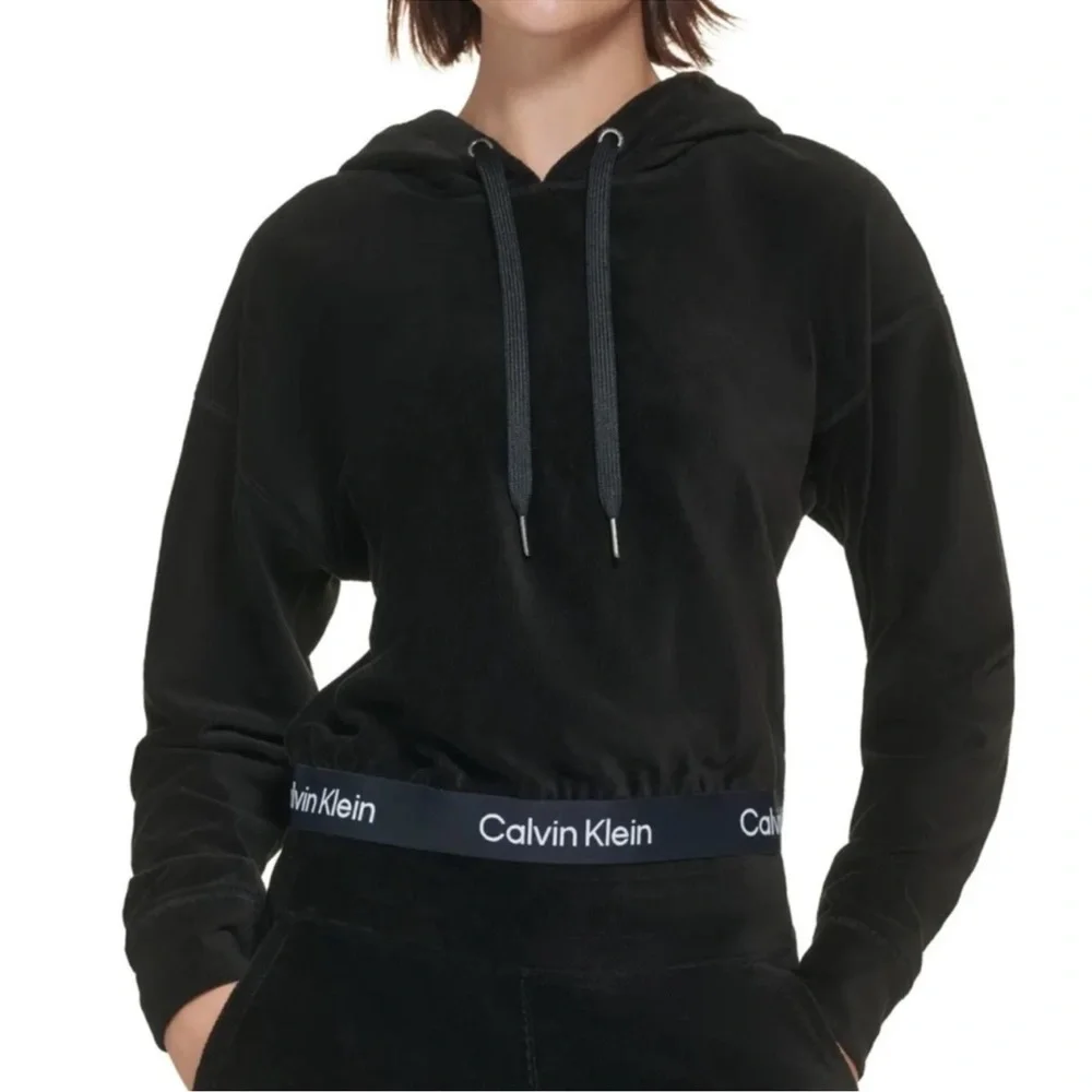 Calvin Klein Performance Women's Logo Elastic Long-Sleeve Pullover Velour Hoodie - Picture 3 of 6